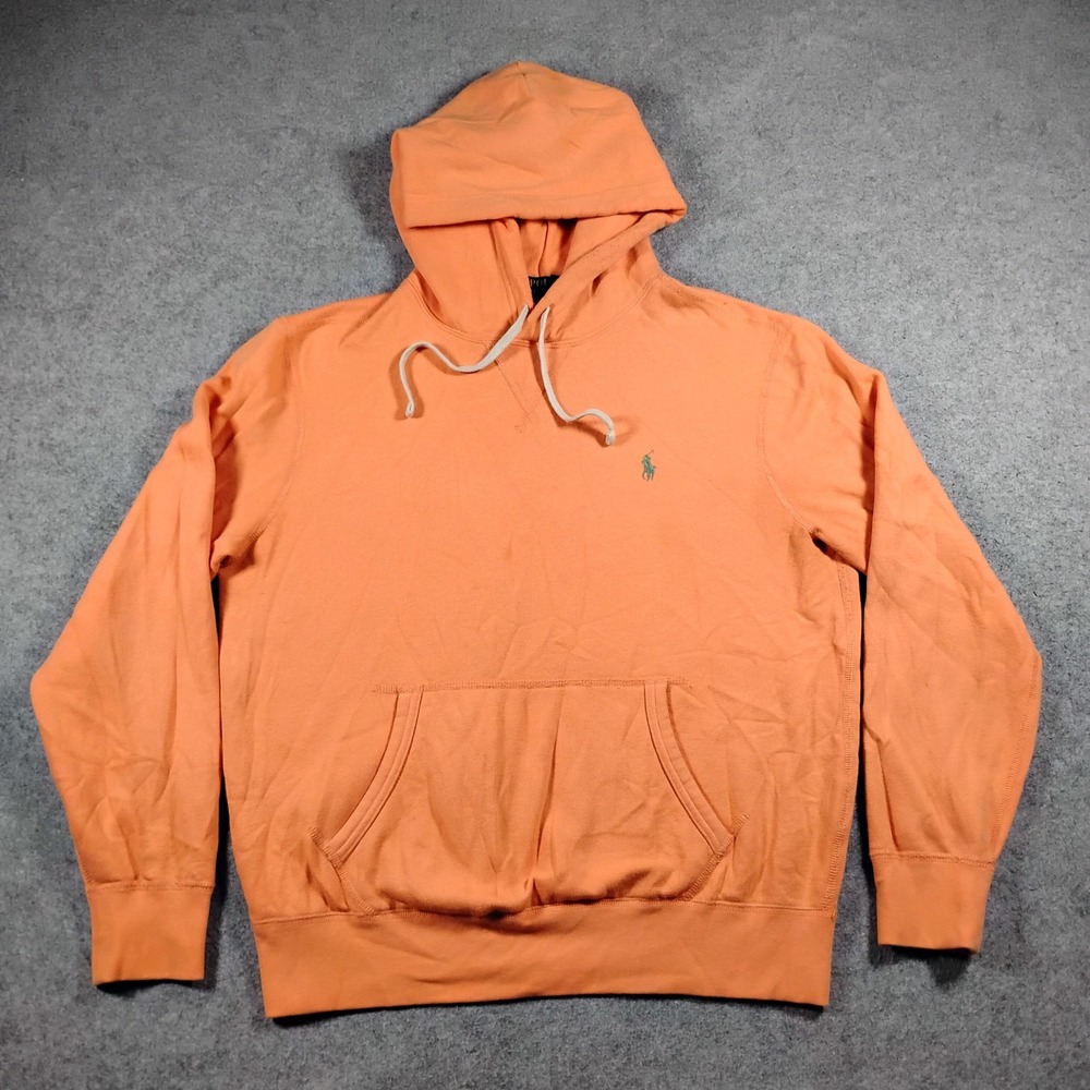 Polo Ralph Lauren Mens Medium Orange Fleece Pullover Hoodie Green Pony Logo